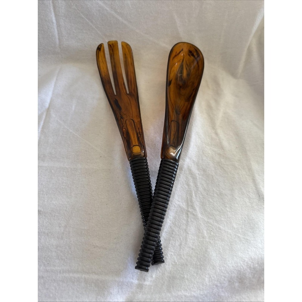 Vtg MCM STYSON ART PROD. CO. N.Y. MODERNIST SALAD Fork Spoon Acrylic Brown Swirl